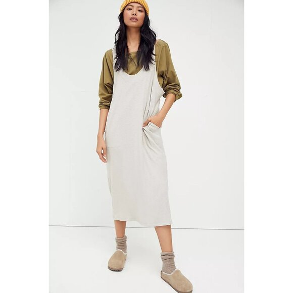 Free People Beach Be Happy Pinafore Size Medium Beige Sleeveless Midi Dress FLAW - Picture 1 of 16